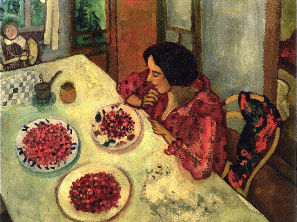 Erdbeeren Bella und Ida am Tisch des Zeitgenossen Marc Chagall Ölgemälde